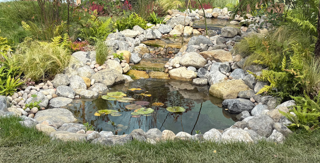 decorative stone around a garden pond